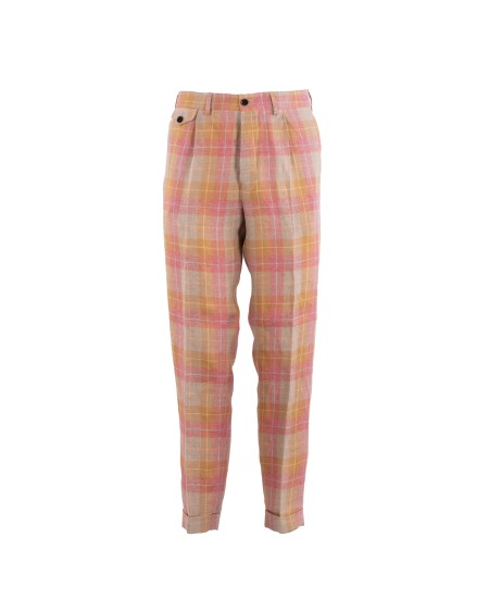 Shop GERMANO  Trousers: Germano checked trousers in linen blend.
Button and zip closure.
American pockets in front, welt pockets in back.
Composition: 76% Linen, 24% Cotton.
Made in Italy.. 8717 CSG -0351ROSA